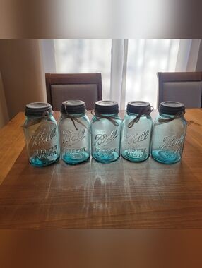 5 Antique Ball Perfect Mason Blue Quart Jars & Lids Removeable Twine - Wax In 1